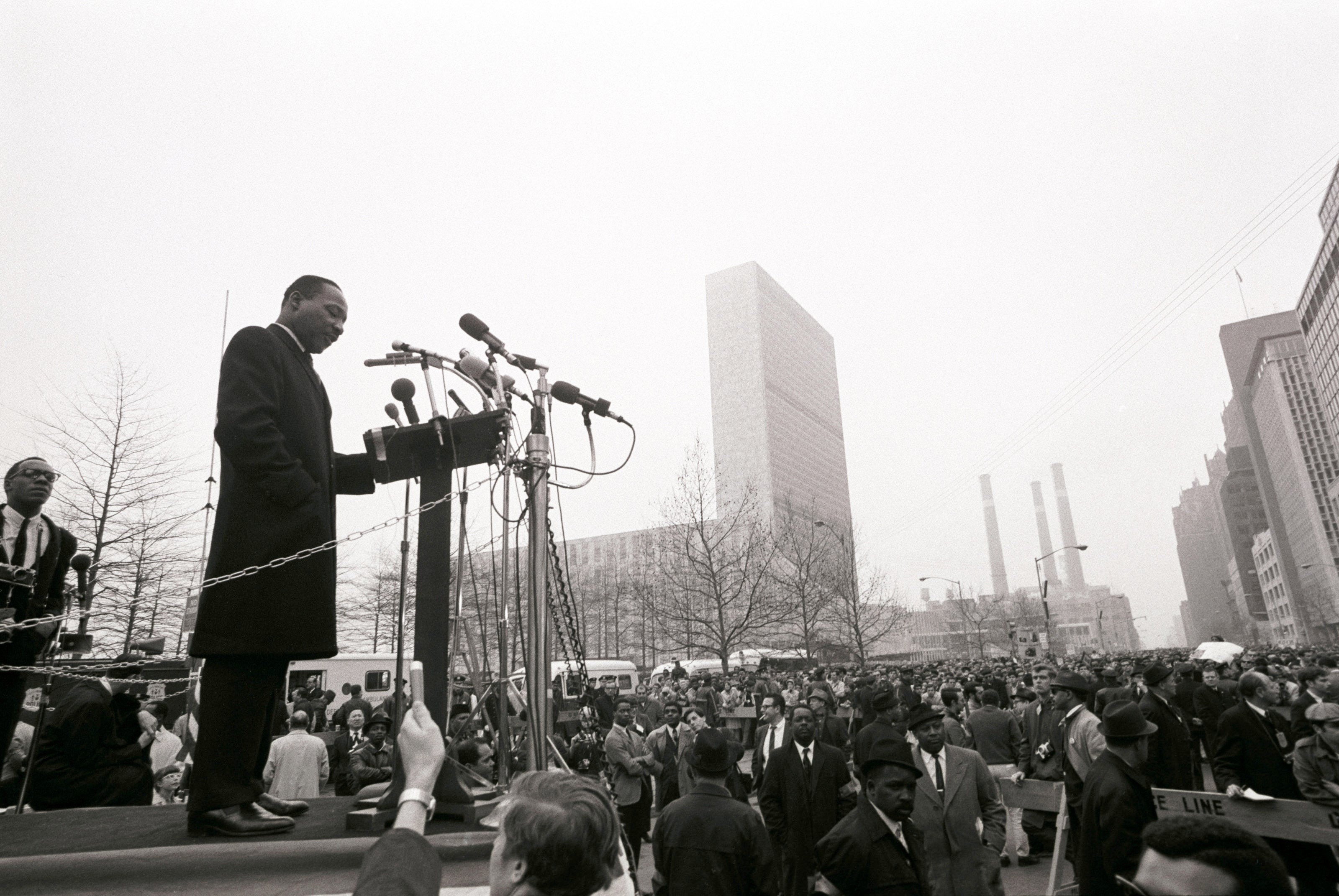 Martin Luther King Jr. at a Podium Speaking Outside UN, NYC, 1967