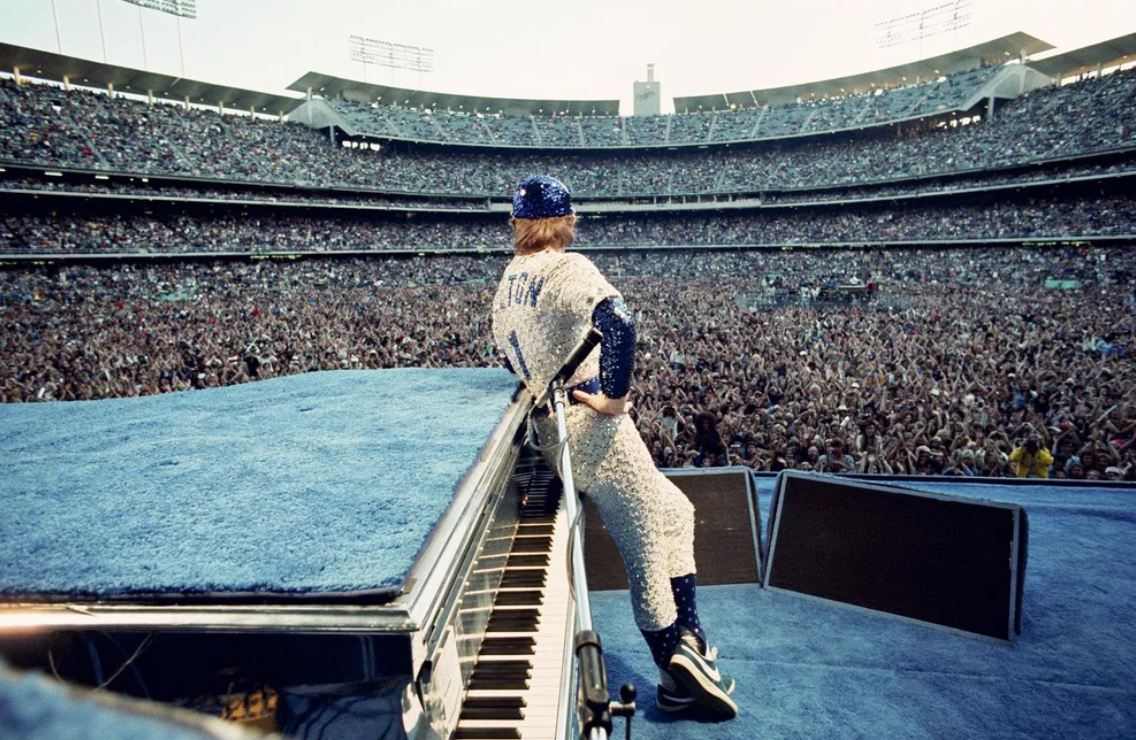 Elton John, Dodger Stadium, Back Turned, Los Angeles, CA, 1975 - Colorized