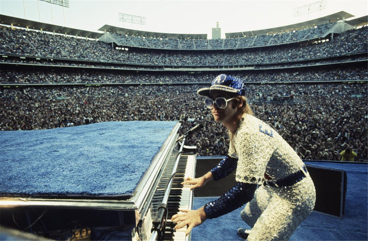 Elton John, Looking at camera, Dodger Stadium, Los Angeles, CA, 1975 - Color